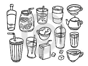 Hand drawn drinks doodle elements set. Black color vector illustration.