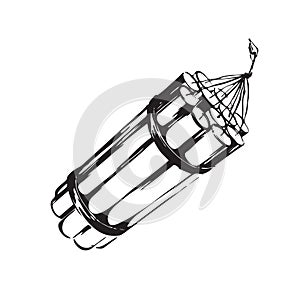 Hand drawn dynamite bomb with burning wick. Vector illustration. Black isolated on white background