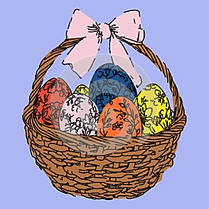 Hand Drawn Easter Basket with Eggs