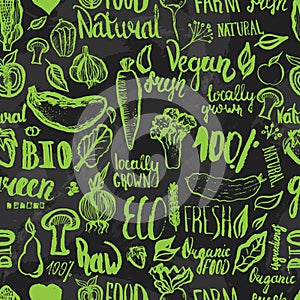 Hand drawn eco food seamless pattern with lettering for organic, bio, natural, vegan, food on dark background