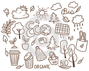 Hand drawn Ecology doodle vector set. Collection of environmental and green energy items and icons. Isolated Linear