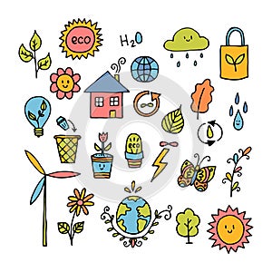 Hand drawn ecology, eco icons. Zero waste concept. Alternative energy. Ecological, green lifestyle