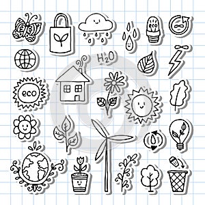 Hand drawn ecology, eco icons. Zero waste concept. Alternative energy. Ecological, green lifestyle. Stickers