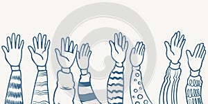 Hand drawn eight hands five clapping ovation illustration sketch isolated on white background with different clothes style