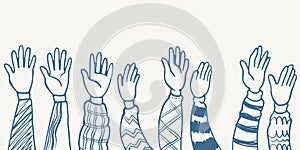 Hand drawn eight hands five clapping ovation illustration sketch isolated on white background with different clothes style