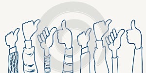 Hand drawn eight hands thumb up clapping ovation illustration sketch isolated on white background with different clothes photo