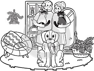 Hand Drawn Elderly play with dogs and cats illustration in doodle style