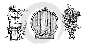 Hand drawn elements for wine design. Satyr, barrel, bunch of grapes. Vector. photo