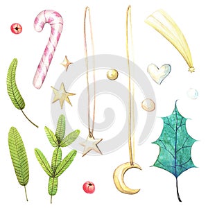 Hand drawn emerald turquoise Holly leaf, lollipop, gold stars, moon with rope, fir-tree spruce branch, red rowan berry.