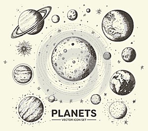 hand drawn empty basket vector illustrationSet of space objects: planets, stars. Hand drawn vector