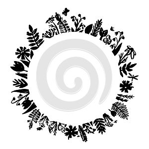 Hand drawn enchanted herbs, flowers and insects background. Vector halloween round frame