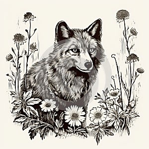 Hand-drawn Engraved Illustration Of Brown Wolf In Black-and-white Block Print Style