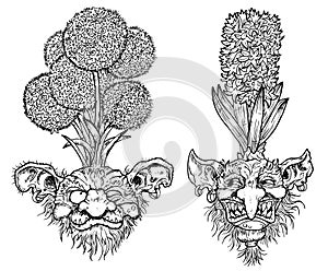 Hand drawn engraved vector set with funny demon or gnome faces as roots of beautiful spring flowers of Allium and Hyacinthus