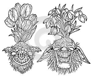 Hand drawn engraved vector set with funny demon or gnome faces as roots of beautiful spring flowers of Galanthus and Tulip