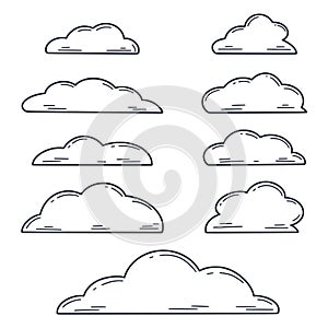 Hand drawn engraving clouds collection isolated on white background