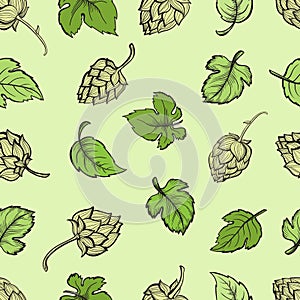 Hand drawn engraving style Hops Seamless pattern.