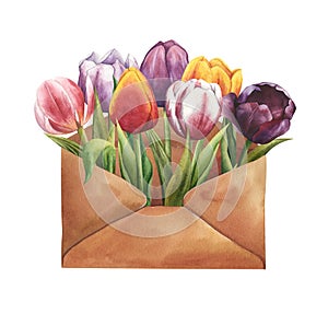 Hand drawn envelope with colorful tulips