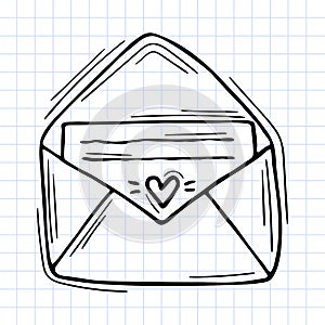 Hand drawn envelope with documents. Outline icon. Sketch style. Checkered background