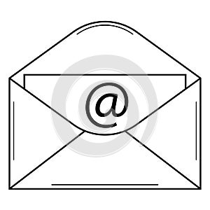 Hand drawn envelope with an email. Sending a message via email. Doodle style. Vector