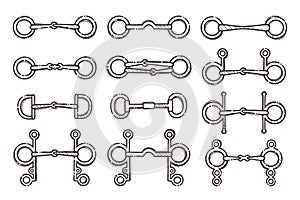 Hand drawn equestrian equipment collection Vector. Different kinds of snaffles.