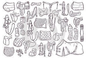 Hand drawn equestrian equipment collection Vector. Horse ammunition.