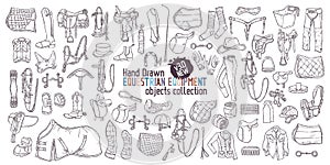 Hand drawn equestrian equipment collection Vector. Horse ammunition. Rider clothing.