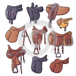 Hand drawn equestrian equipment collection Vector. Various types of saddles.