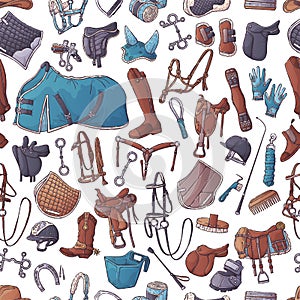 Hand drawn equestrian equipment pattern Vector. Horse ammunition. Rider clothing.