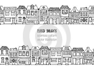 Hand drawn European city houses horizontal seamless pattern. Cute cartoon style vector illustration.. Colorful modern townhouse bu