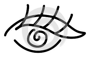 Hand drawn eye icon in simple doodle style. Open black eye with lines. Monochrome design sense organs