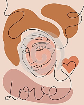 Hand drawn face of young woman poster, line art, with abstract spots. Stylized continuous contour. Doodle, sketch style,