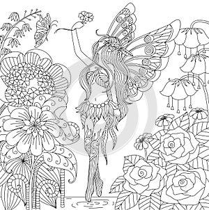 Hand drawn fairy flying in flower land for coloring book for adult photo