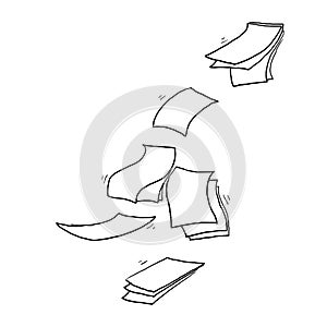 Hand drawn Falling paper sheets. Flying papers pages, white sheet documents and blank document page on wind. Fly scattered notes,