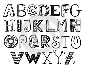 Hand drawn fancy alphabet, funny doodle letters