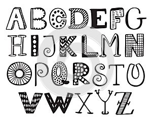 Hand drawn fancy alphabet, funny doodle letters photo