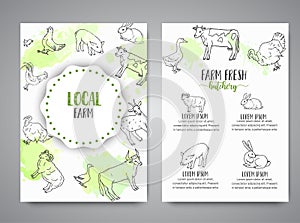 Hand drawn farm animals brochure. Local farm card. Farming illustration. Vector farm elements. Hand sketched goose