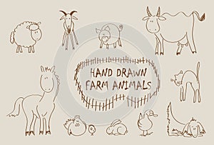 Hand drawn farm animals set