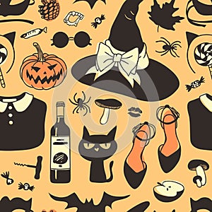 Hand drawn fashion background. Creative ink art work. Actual seamless pattern. Halloween set: witch hat, Jack o lantern, ca photo