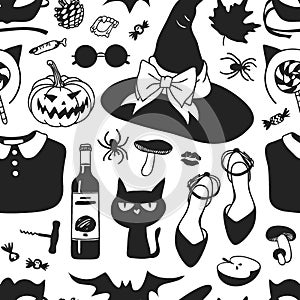 Hand drawn fashion background. Creative ink art work. Actual vector seamless pattern. Halloween set: witch hat, Jack o lantern, ca photo
