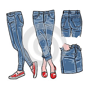 Hand drawn fashion Collection of girl`s jeans. Woman jeans vecto