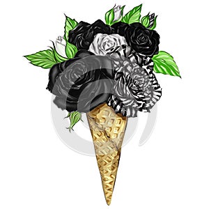 Hand drawn Fashion Illustration - Black roses Cone Flower Bouquet - Illustration