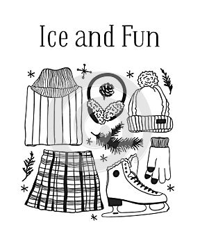 Hand drawn fashion illustration. Creative ink art work. Actual cozy drawing Ice Skating. Big Winter sport set with figure s