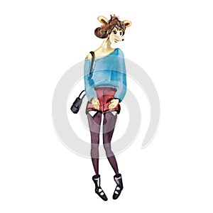 Hand drawn fashion illustration of dressed up doggy hipster girl