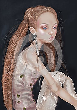 Hand-drawn fashion illustration of imaginary fantasy girl. Dark art fantasy gothic fine art gift postcard