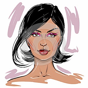 Hand-drawn fashion illustration of woman`s face. Beauty art of girl with pink makeup. Fashion sketch of a young woman portrait