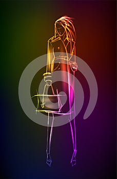 Hand-drawn fashion model from a neon. A light girl\'s. Fashion girl