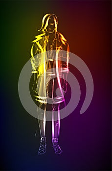 Hand-drawn fashion model from a neon. A light girl\'s. Fashion girl