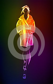 Hand-drawn fashion model from a neon. A light girl`s. Fashion girl. Stylish fashion model. Fashion woman