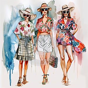 Hand drawn fashion models on watercolor background.
