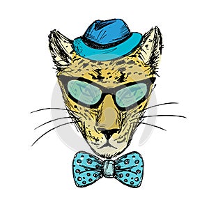 Hand Drawn Fashion Portrait of cheetah Hipster with bow,glasses